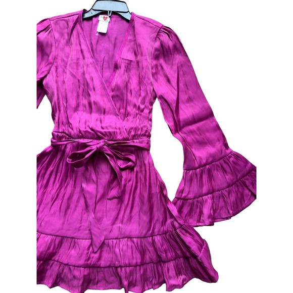 Metallic Fuchsia Tiered Satin Pleated Belted A Line V Neck Womens Medium Dress - Picture 2 of 16